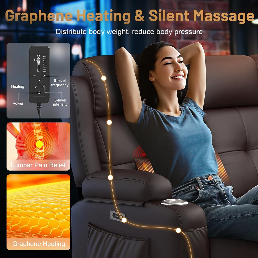 Power Loveseat Recliner Sofa with Massage & Heating, Zero Wall Hugger RV Reclining Couch with Bluetooth Speakers, LED Lights, Pillow, Drawer, USB Charging & Power Outlet for Home Theater & Gaming Room