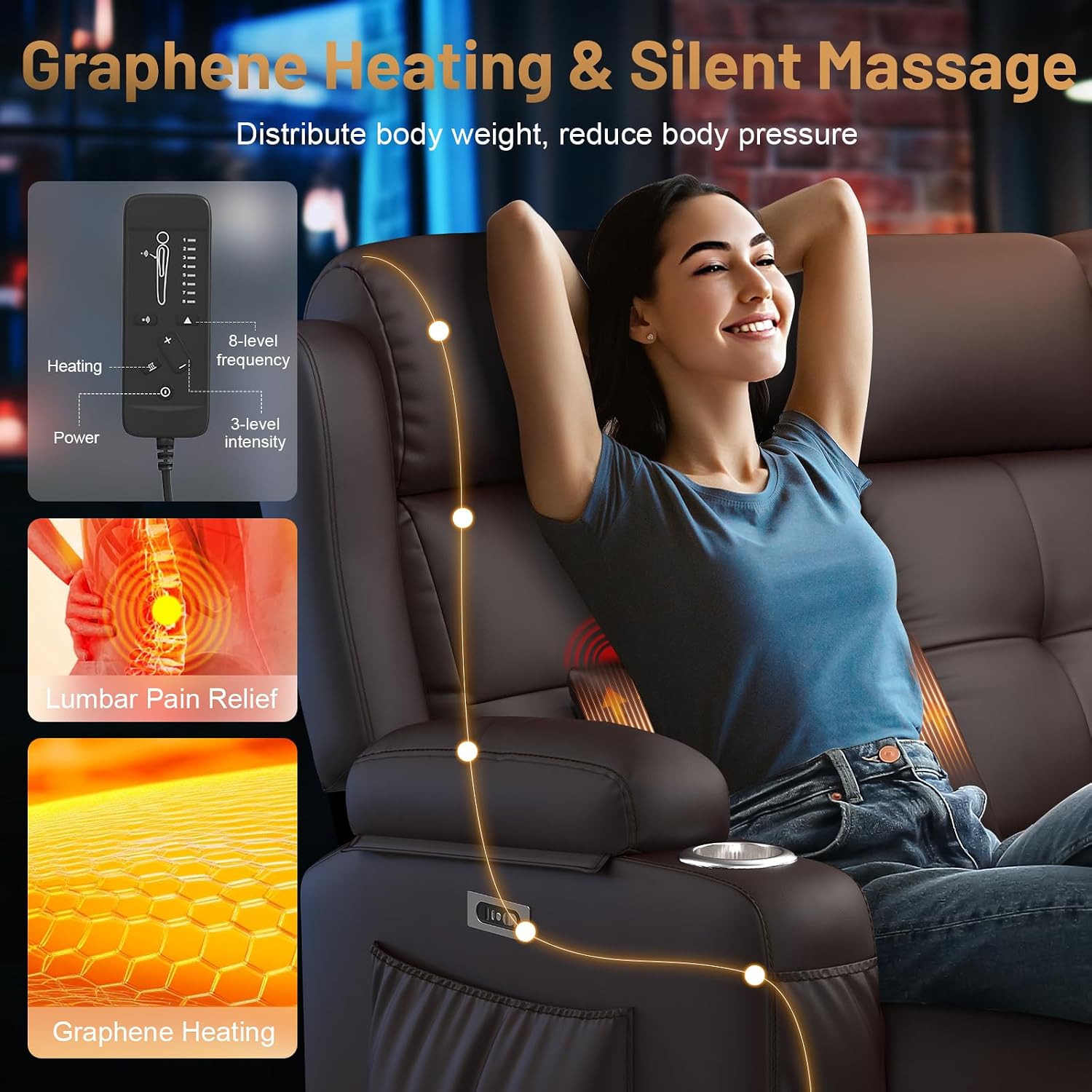 Power Loveseat Recliner Sofa with Massage & Heating, Zero Wall Hugger RV Reclining Couch with Bluetooth Speakers, LED Lights, Pillow, Drawer, USB Charging & Power Outlet for Home Theater & Gaming Room