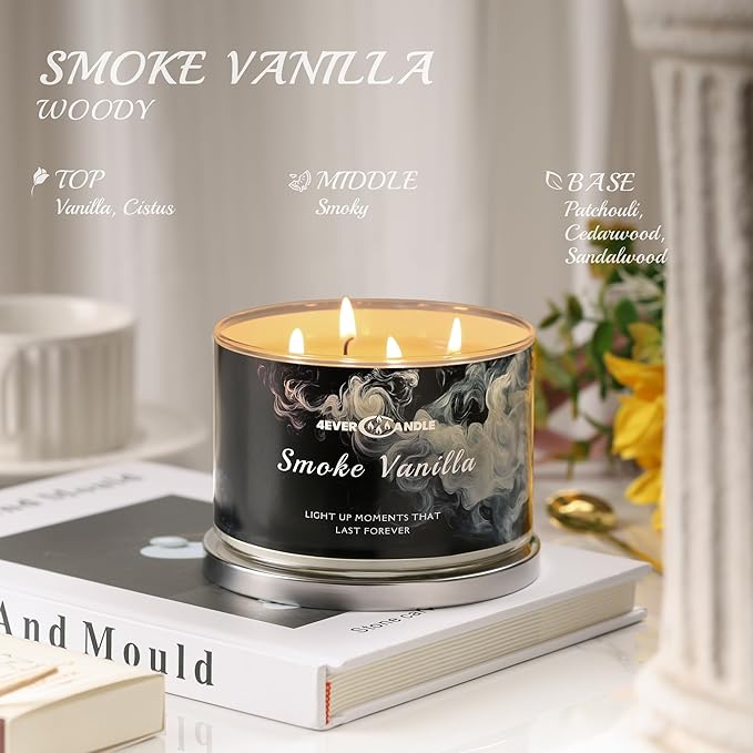 Smoke Vanilla Scented Candles, 18oz Soy Candles Non Toxic 4-Wick Large Candle Jars, Over 50 Hours of Burning Time, Ideal for Gifting, Events, Home Decor