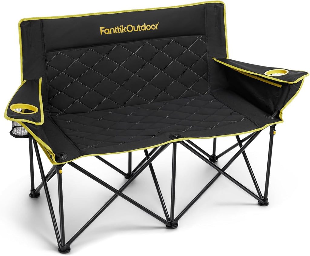FanttikOutdoor Zeta L11 Duo Pro Double Camping Chair, 2 Person Portable Folding Couch, High Strength Loveseat with Cup Holder & Carry Bag for Travel, Games, BBQ, Backyard, Support up to 600 lbs, Black