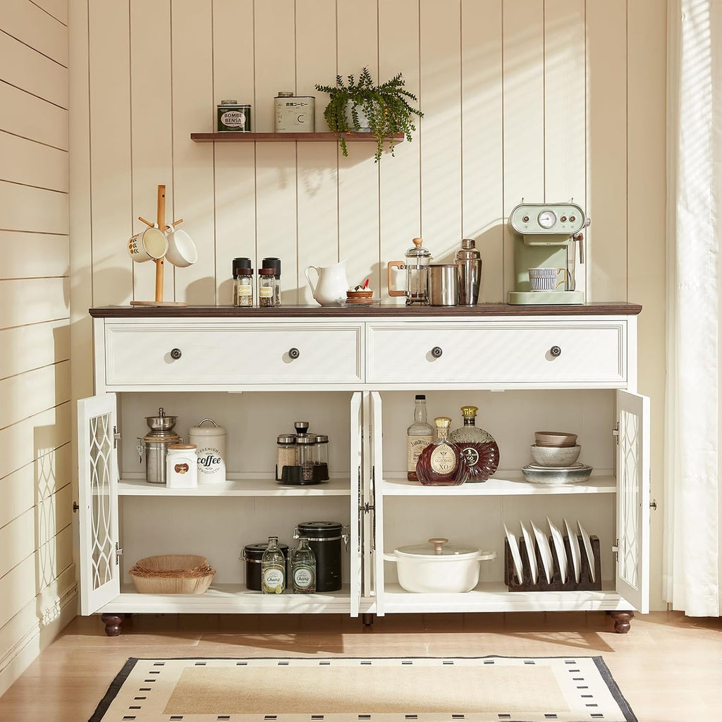 Joaxswe Farmhouse Sideboard Buffet Cabinet with Storage,59" Large Credenza with 4 Glass Doors & 2 Drawers, Wood Kitchen Coffee Bar, Adjustable Shelves Console Table for Dining Room,Living Room,White