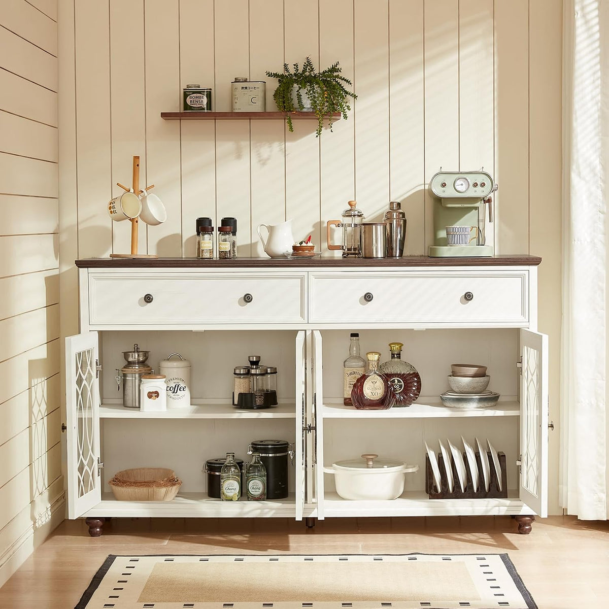 Joaxswe Farmhouse Sideboard Buffet Cabinet with Storage,59" Large Credenza with 4 Glass Doors & 2 Drawers, Wood Kitchen Coffee Bar, Adjustable Shelves Console Table for Dining Room,Living Room,White