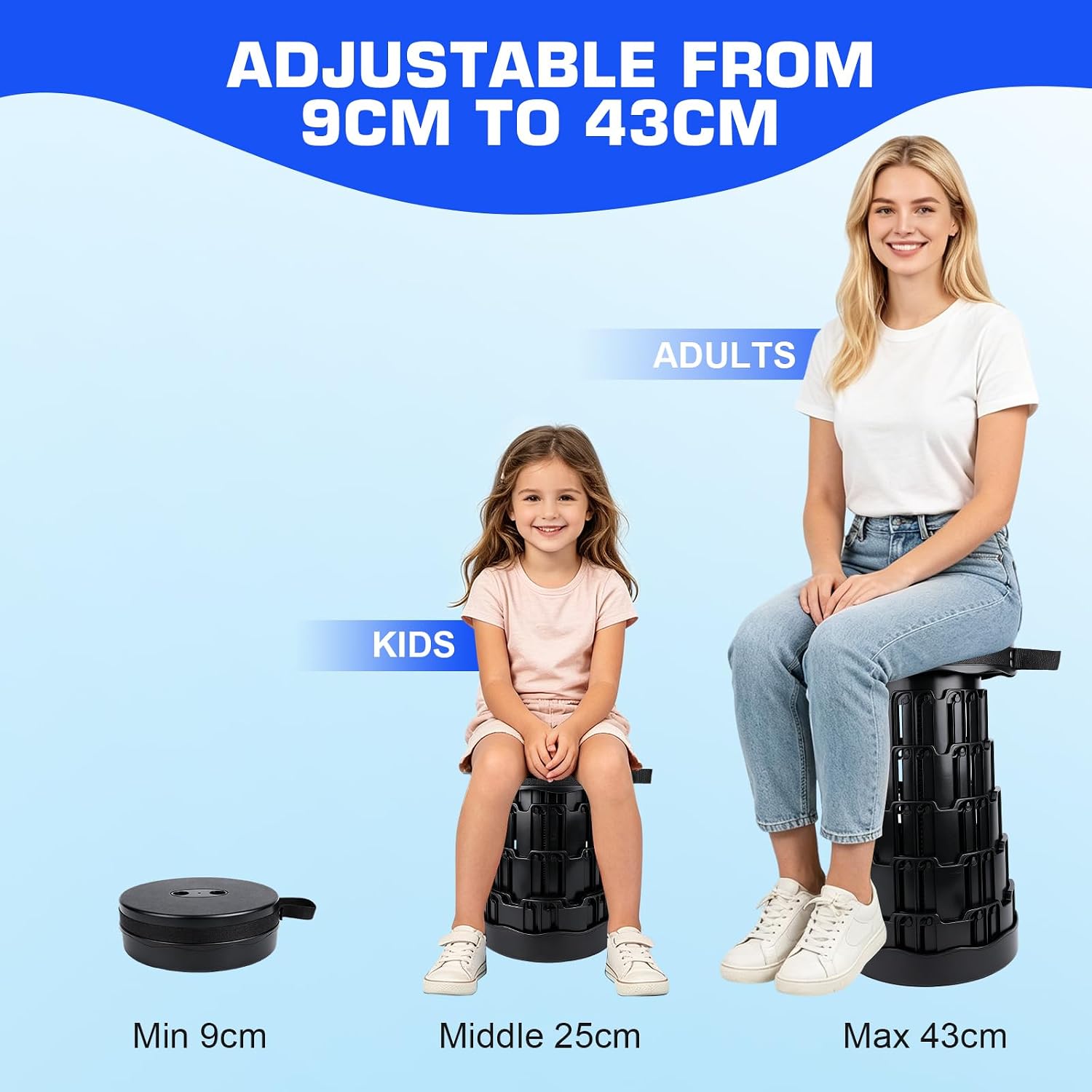 DecBeLiv Square Collapsible Stool with Carry Bag, 485 lbs Heavy Duty Retractable Folding Stool, Quick Telescoping Portable Seat for Adults for Camping Hiking Fishing BBQ Gardening Travel (Black)
