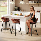 26" Counter Height Bar Stools Set of 3, Premium Faux Leather Barstools | Upholstered 360°Swivel Bar Chairs with Woven Backs Support & Heavy Duty Metal Legs for Kitchen Counter, Easy Assembly, Brown