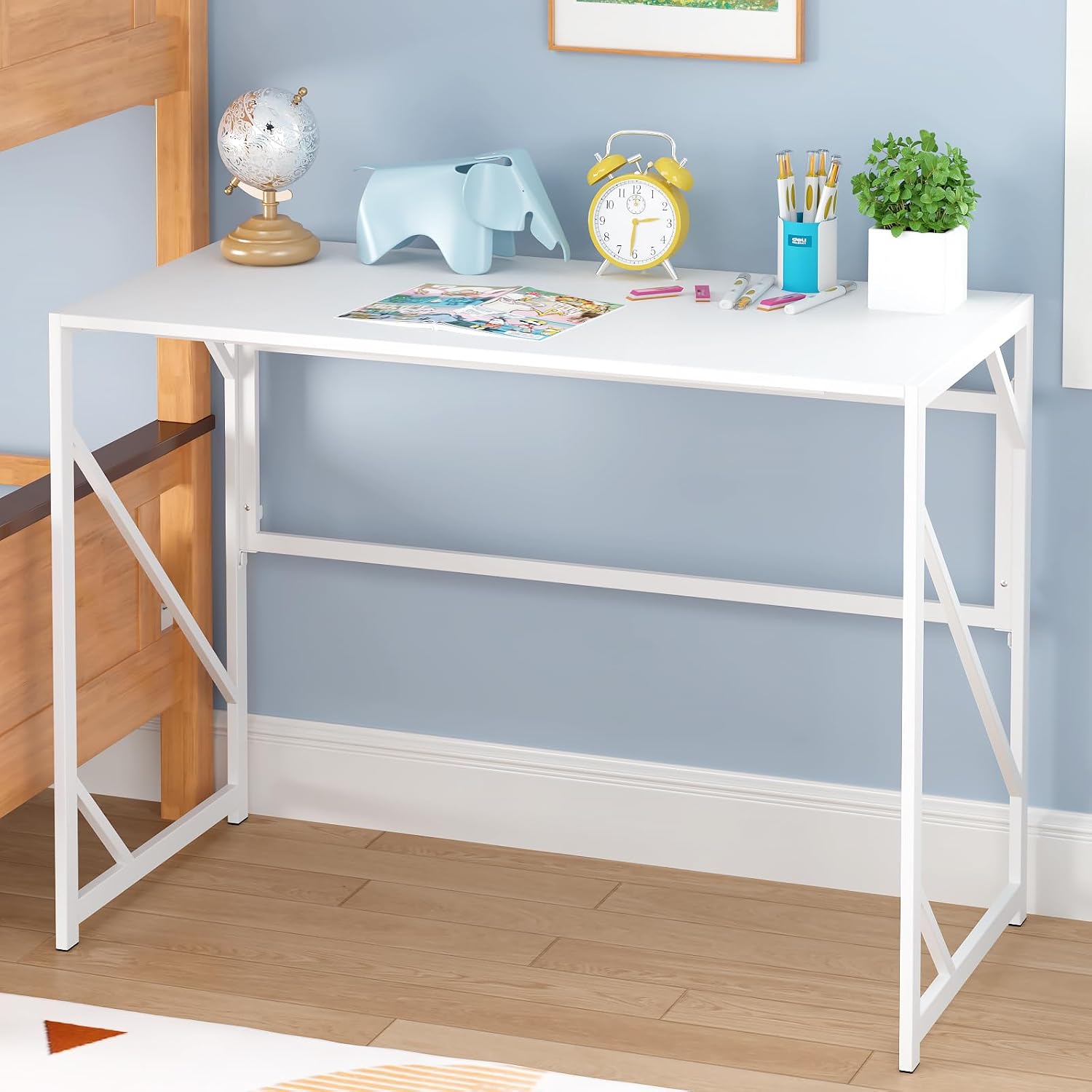 Elephance Folding Desk Writing Computer Desk for Home Office No-Assembly | Study Office Desk,Foldable Table for Small Spaces,39.4 Inch,White
