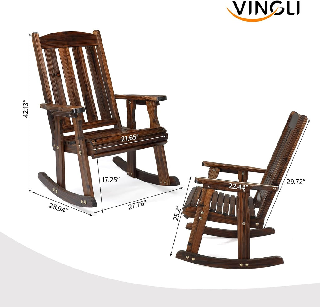 VINGLI Outdoor Rocking Chair, Heavy Duty 600 LBS Wooden Rocking Bench with Comfortable Backrest, Weatherproof Patio Rocker with Ergonomic Design, Wood Rocking Chair for Patio, Garden (Rustic, 2 PCS)