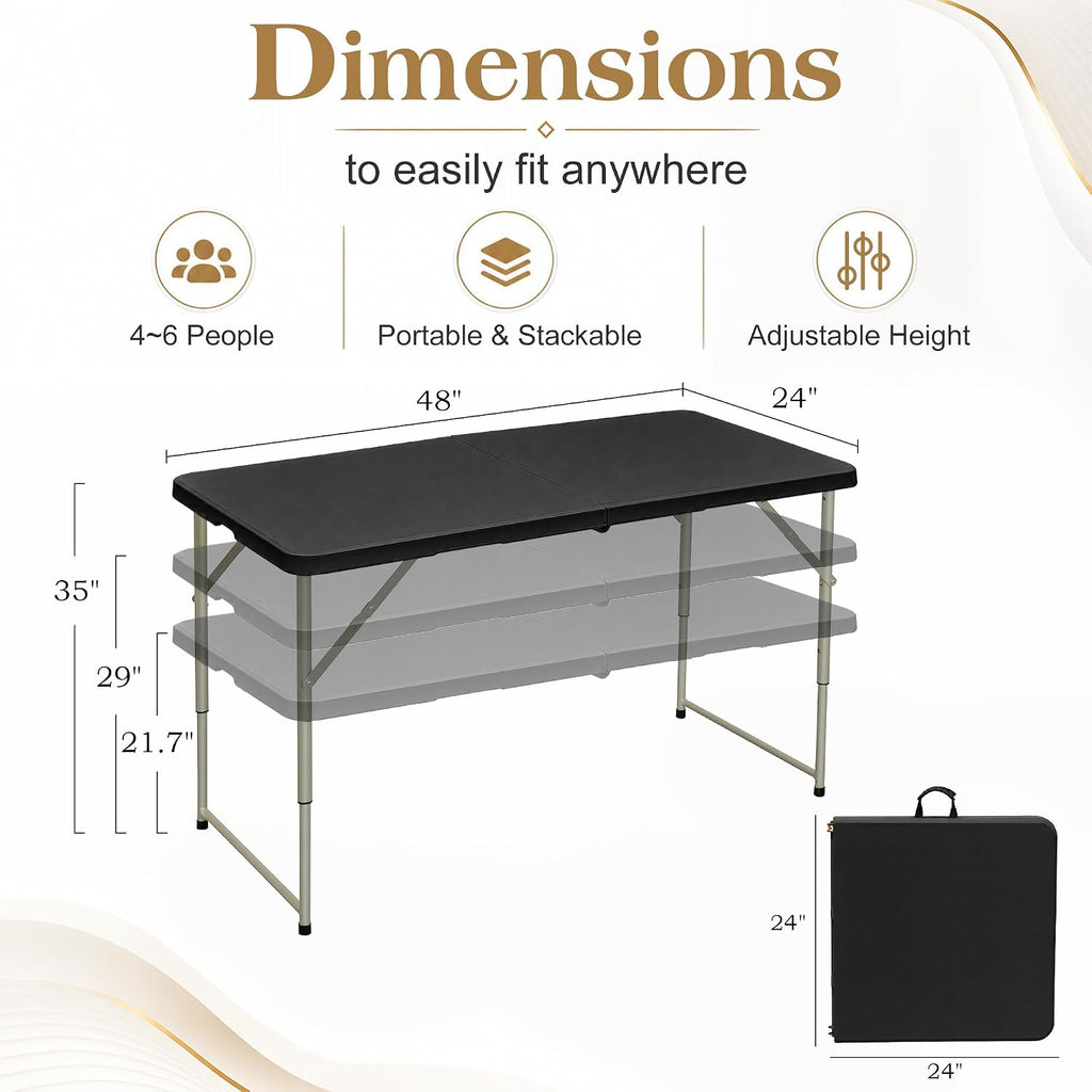 VECELO Folding Table 4 Ft, 3 Adjustable Height, Portable w/Handle, Black | Fold-in-Half, Heavy Duty, Space Saving, Plastic Utility Table, for Camping, Party, Dining, Indoor & Outdoor Use