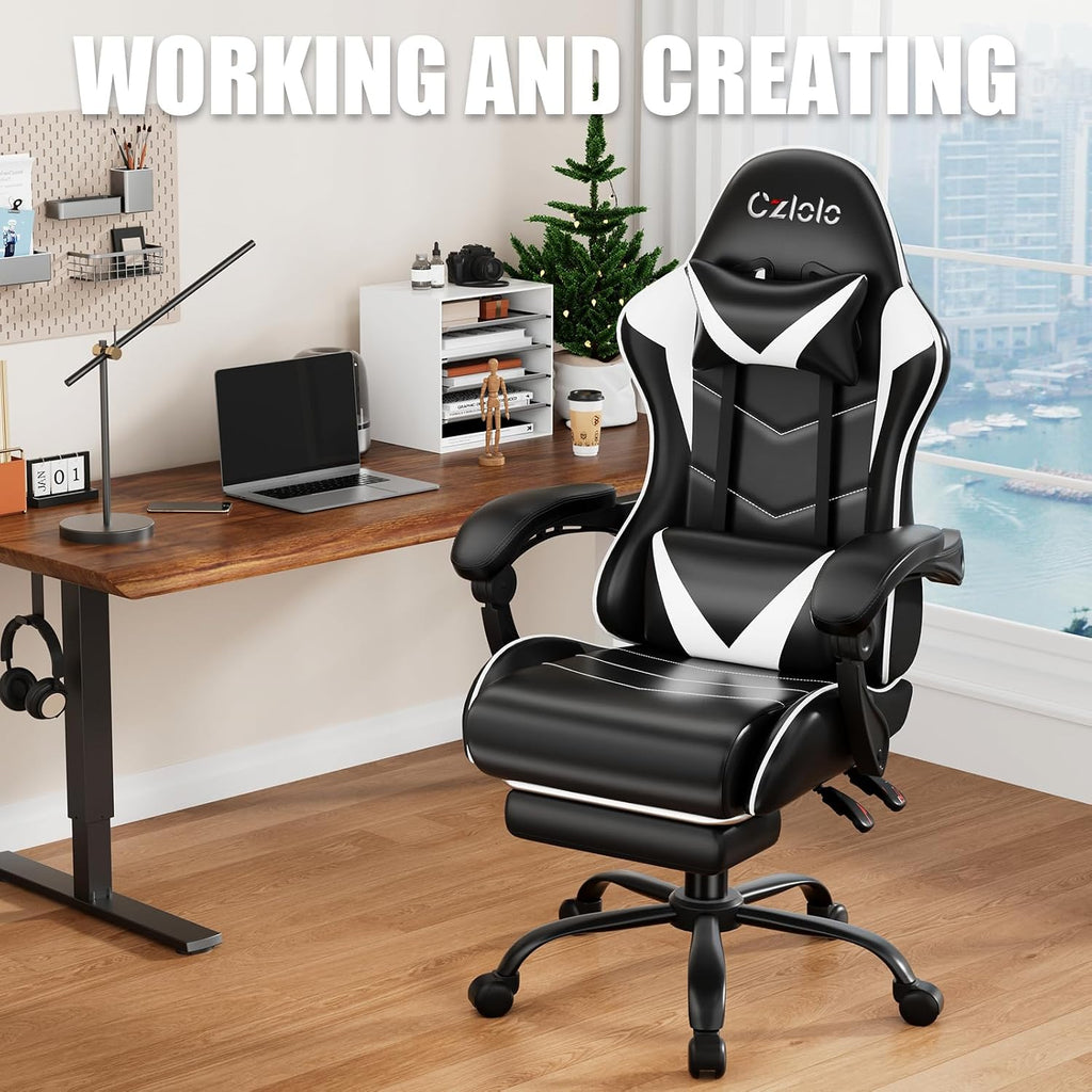 Czlolo Gaming Chair with Footrest Racing Style Lumbar Support Massager Video Game Chair with Metal Legs, High Back Reclining Gamer Chair with Headrest, 360° Swivel Office Computer Desk Chair (White)