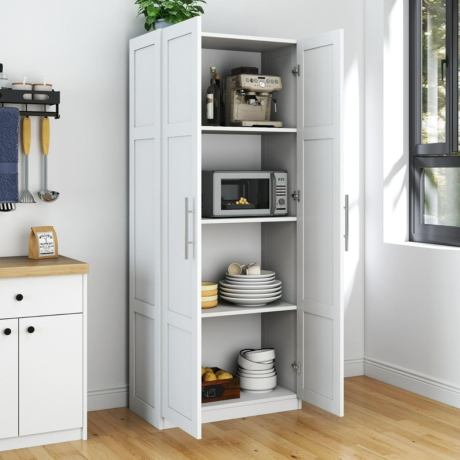 White Pantry Cabinet with 2 Doors and Adjustable Shelves, 70.87" Tall Kitchen Storage Cabinet, Freestanding Cupboard for Kitchen, Dining, Living, Bathroom and Laundry
