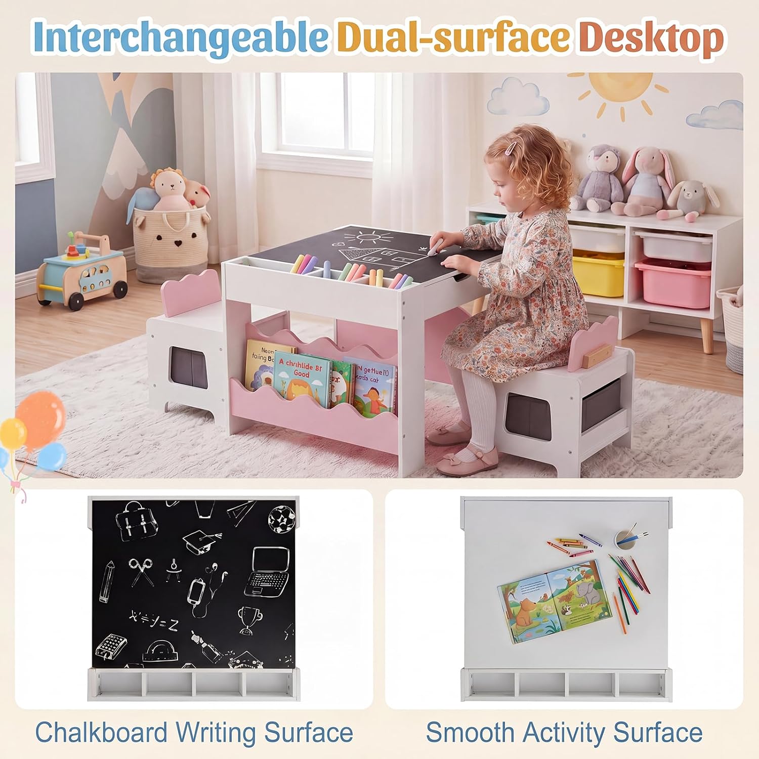 HONEY JOY Wooden Kids Table and Chair Set w/Double-Sided Tabletop | Toddler Activity Table and Chairs w/ Chalkboard, Bookshelves, Small Compartments and Fabric Drawers for Art & Crafts