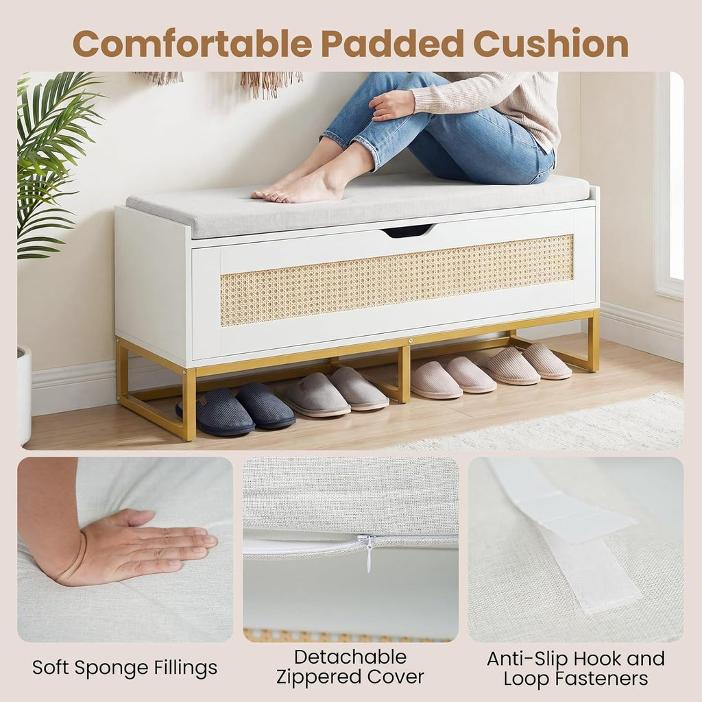Giantex Rattan Shoe Bench, Flip-Top Entryway Bench with Removable Padded Seat & Hidden Storage, Wooden Shoe Storage Chest with Metal Legs for Bedroom, Hallway, 440 lbs Max Load (White & Gold)