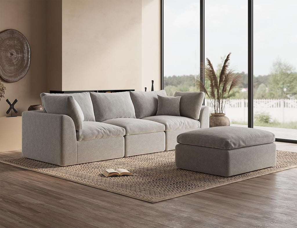 ohllob 110" Cloud Sectional Couches for Living Room, L-Shape Couch with Ottoman, 3 Seater Modular Sectional Sofa, Light Grey