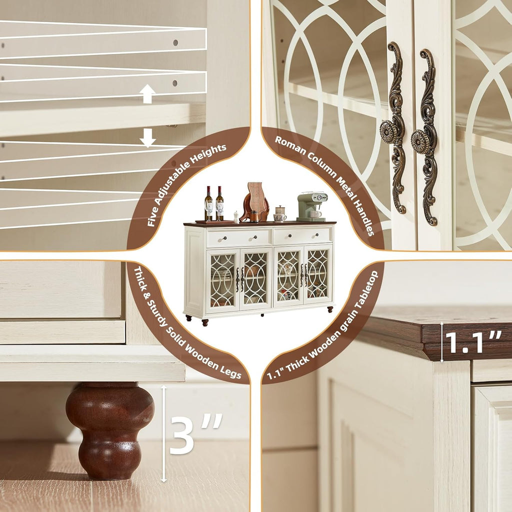 Joaxswe Farmhouse Sideboard Buffet Cabinet with Storage,59" Large Credenza with 4 Glass Doors & 2 Drawers, Wood Kitchen Coffee Bar, Adjustable Shelves Console Table for Dining Room,Living Room,White