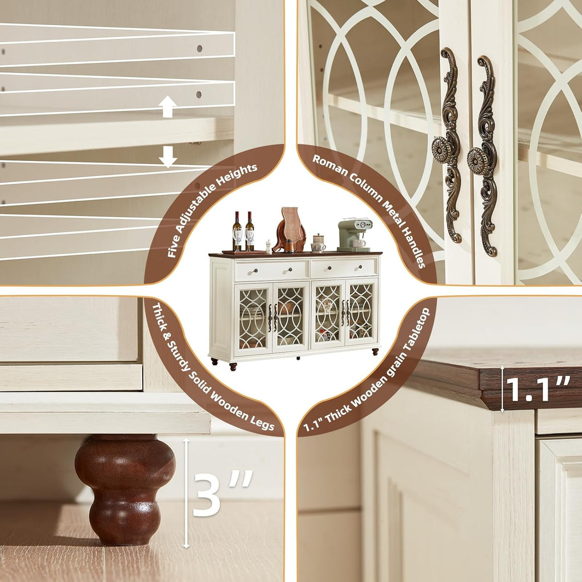 Joaxswe Farmhouse Sideboard Buffet Cabinet with Storage,59" Large Credenza with 4 Glass Doors & 2 Drawers, Wood Kitchen Coffee Bar, Adjustable Shelves Console Table for Dining Room,Living Room,White