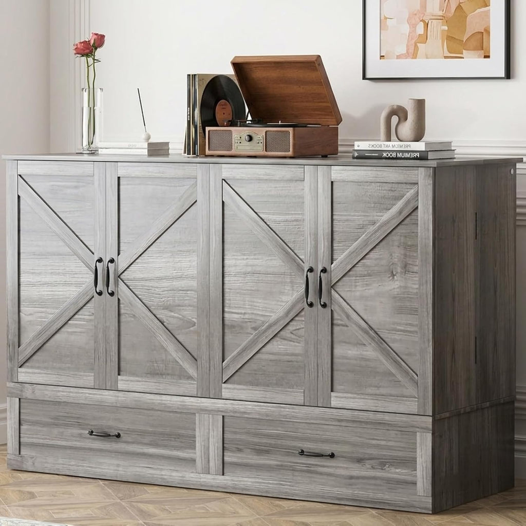 Mjkone Queen Murphy Bed, Cabinet Beds Queen Size with Tri-Fold Mattress Included, Charging Station, Hidden Storage Drawers, Space Saving Murphy Chest Beds, Cabinet Guest Wall Bed for Apartment, Grey