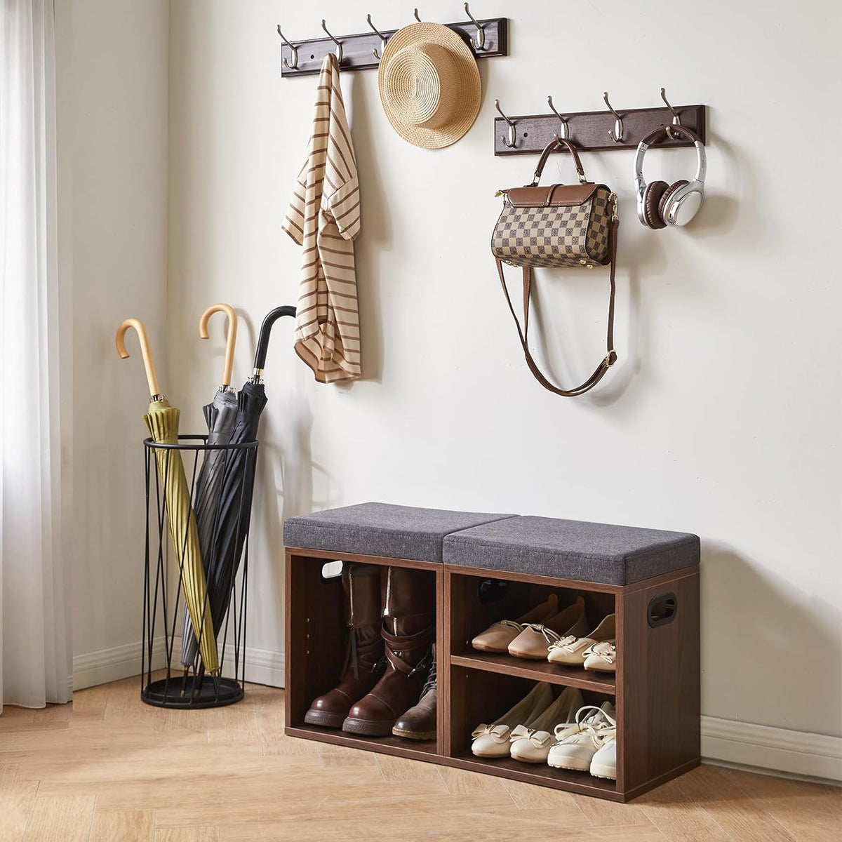 YMYNY Small Shoe Storage Bench with Cushion, 2 Tier Entryway Bench with Shoe Storage, Shoe Rack Bench for Entryway, Living Room, Hallway, Closet, Bedroom, 15.4L*11W*16.54H, Light Walnut HBD028LW