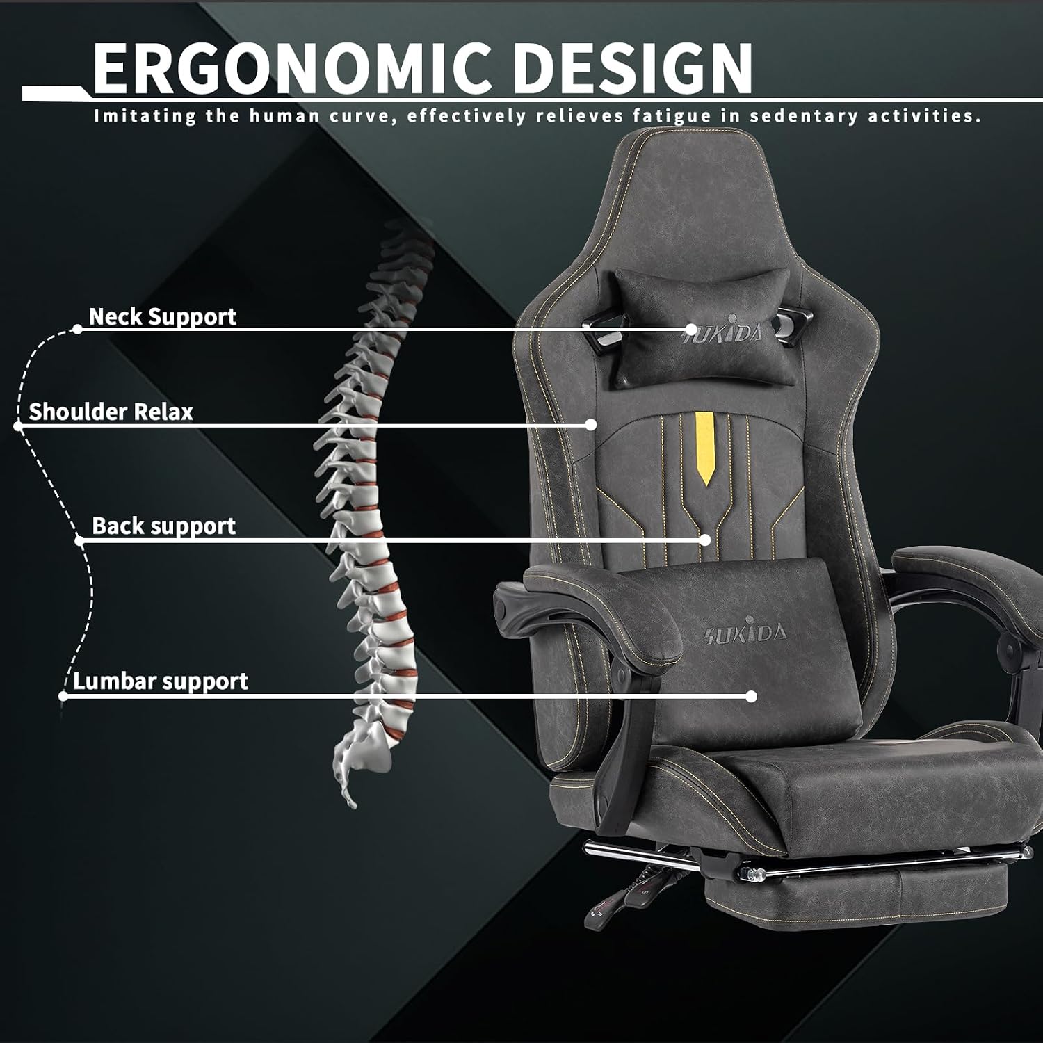 Gaming Chair with Footrest Ergonomic Computer Chair Massage Lumbar Cushion, Racing Video Game Chair Adjustable Rocker Recliner Executive Office Desk Chair Pu Leather for Adults, Grey