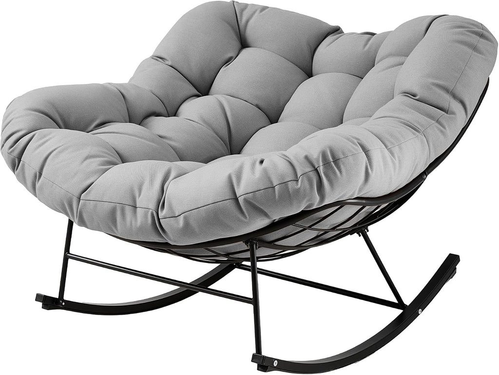 JEAREY Papasan Rocking Chair, Outdoor Oversized Egg Chair, Grey | Oversized papasan rocking chair with thick cushion and smooth rocker base for porch, patio, bedroom, living room