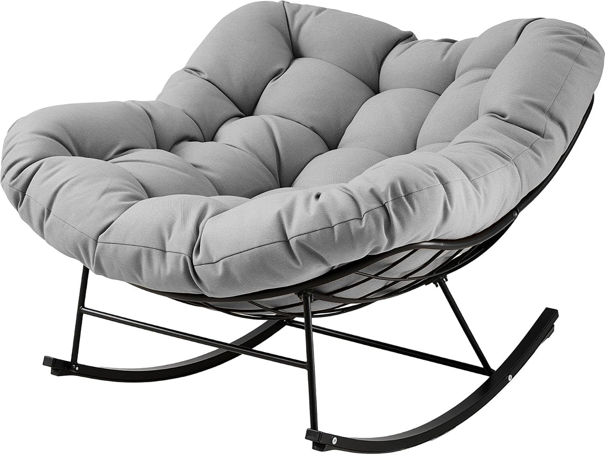 JEAREY Papasan Rocking Chair, Outdoor Oversized Egg Chair, Grey | Oversized papasan rocking chair with thick cushion and smooth rocker base for porch, patio, bedroom, living room
