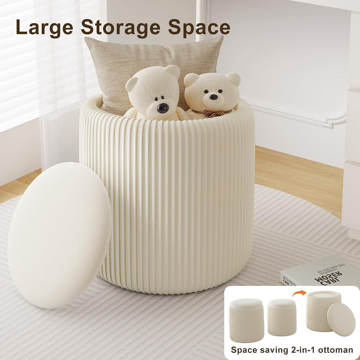 Round Ottoman with Storage Set of 2, White Vanity Stool, Upholstered Velvet Storage Ottomans, Makeup Chair Seat for Bedroom, Small Pouf Footstool for Living Room