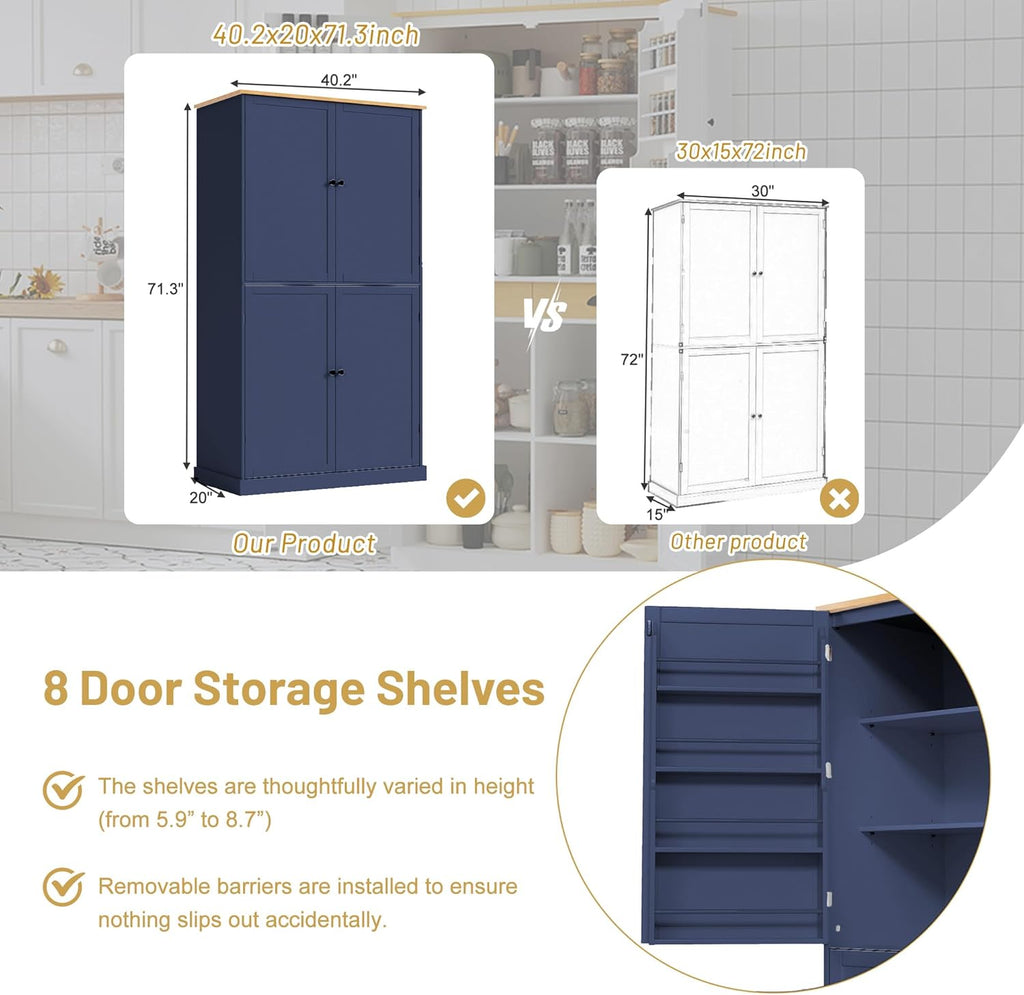 71.3" Freestanding Kitchen Pantry Cabinet with 2 Drawers, 8 Door Shelves & Adjustable Shelves, Large Farmhouse Storage for Kitchen Dining Room, Blue