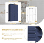 71.3" Freestanding Kitchen Pantry Cabinet with 2 Drawers, 8 Door Shelves & Adjustable Shelves, Large Farmhouse Storage for Kitchen Dining Room, Blue