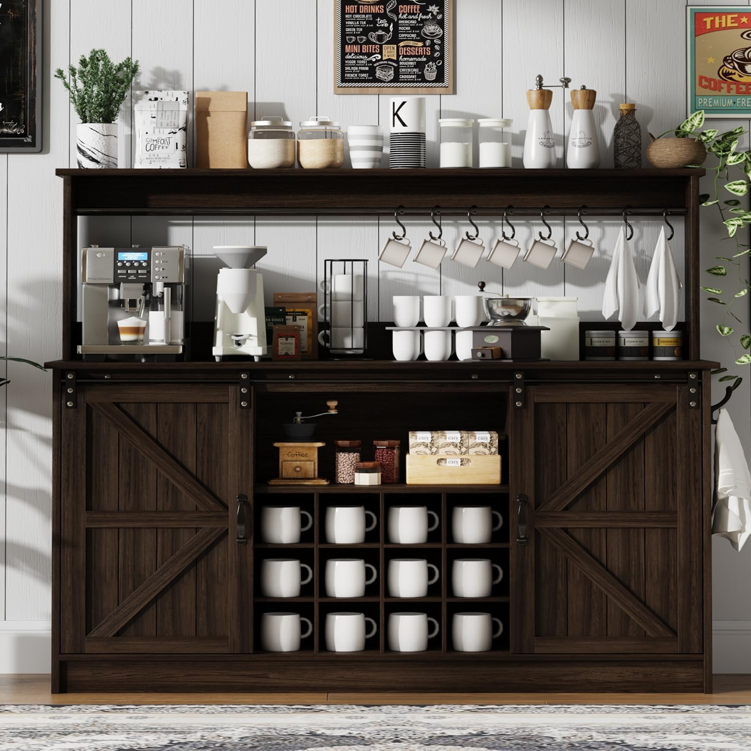 4ever2buy 55" Farmhouse Coffee Bar Cabinet with Storage & Wine Rack, Oak | Storage Hutch with Adjustable Shelves, Wine Rack and 8 Hooks for Living Room or Dining Room Storage