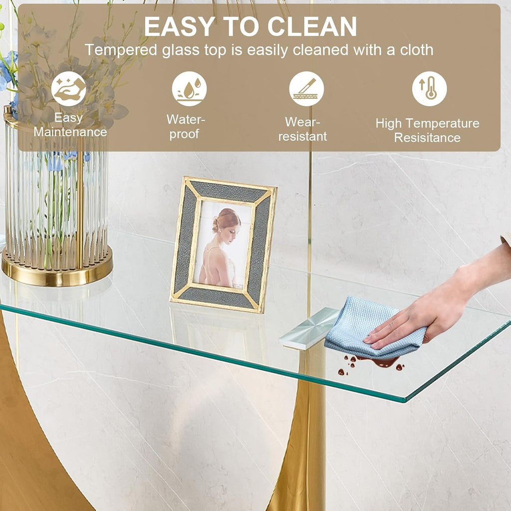 Luxury Gold Glass Console Table, Modern 47" Rectangle Entryway Table with Mirrored U-Shape Stainless Steel Base, Clear Glass Sofa Tables Behind The Couch Hallway Tables for Living Room