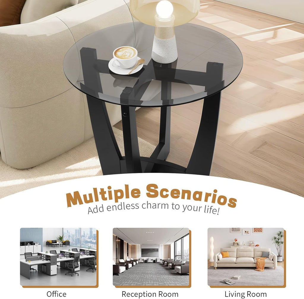 LKTART Glass End Table, 23.5" Round Side Tables with Black Tempered Glass Top Cross and Solid Wood Base Small Night Stand for Living Room Office Apartment Black