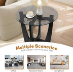 LKTART Glass End Table, 23.5" Round Side Tables with Black Tempered Glass Top Cross and Solid Wood Base Small Night Stand for Living Room Office Apartment Black