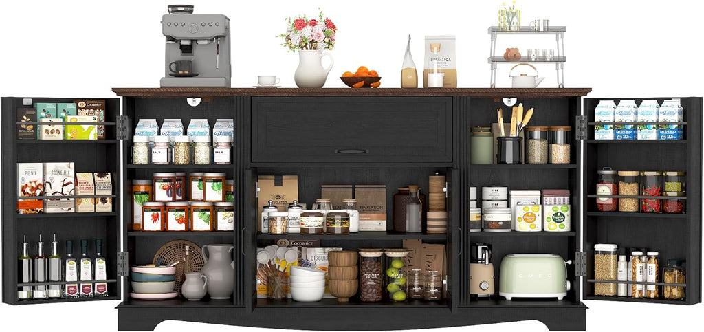 65" Sideboard Buffet Cabinet with Storage, Farmhouse Kitchen Pantries Sideboard Cabinets with Drawer, Wood Coffee Bar Cabinet with Adjustable Shelves, Storage Cabinets for Kitchen, Black