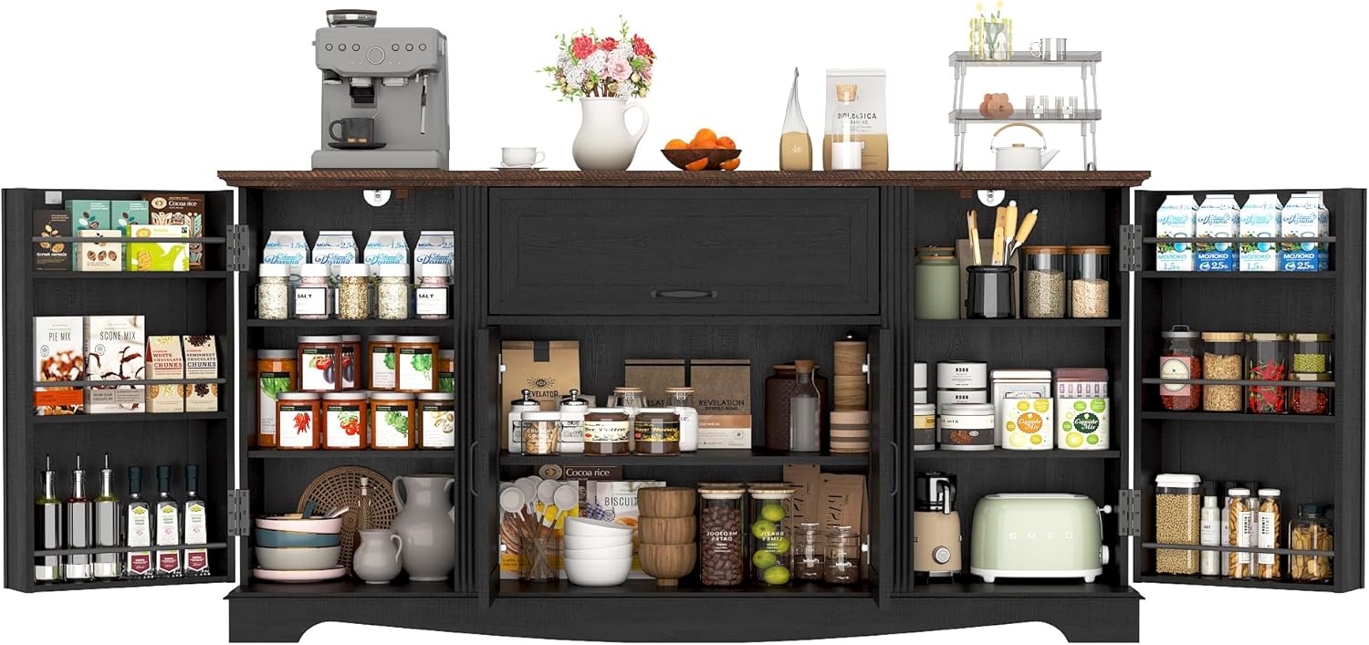 65" Sideboard Buffet Cabinet with Storage, Farmhouse Kitchen Pantries Sideboard Cabinets with Drawer, Wood Coffee Bar Cabinet with Adjustable Shelves, Storage Cabinets for Kitchen, Black