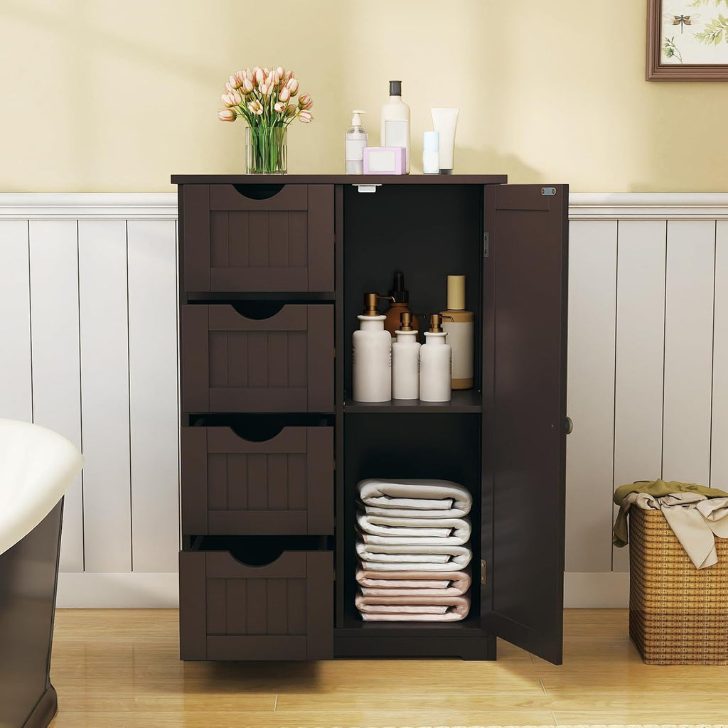 GLACER Bathroom Floor Cabinet, Multifunctional Storage Cabinet (Brown) | Wooden Side Storage Organizer | 4 Drawers & 1 Door | For Laundry Room, Living Room or Kitchen