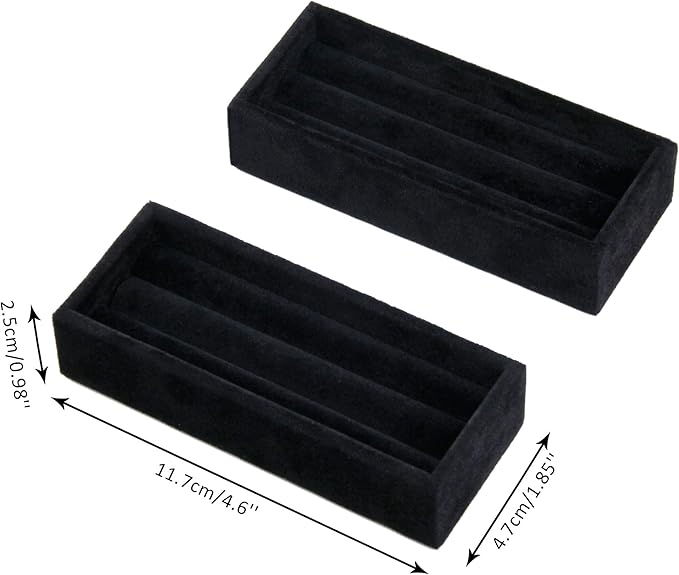DesignSter Small Jewelry Tray, 2PCS Ring Organizer, Velvet Jewelry Display Tray, Stackable Jewelry Organizer Trays, Jewelry Drawer Organizer Inserts For Dresser, Jewelry Box (Black)