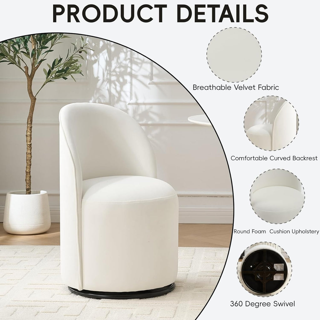 360 Degree Swivel Barrel Chair, Mid Century Modern Round Velvet Dining Chair Comfy Upholstered Accent Chair Makeup Vanity Side Chair for Kitchen & Dining Room Living Room Bedroom (Cream)