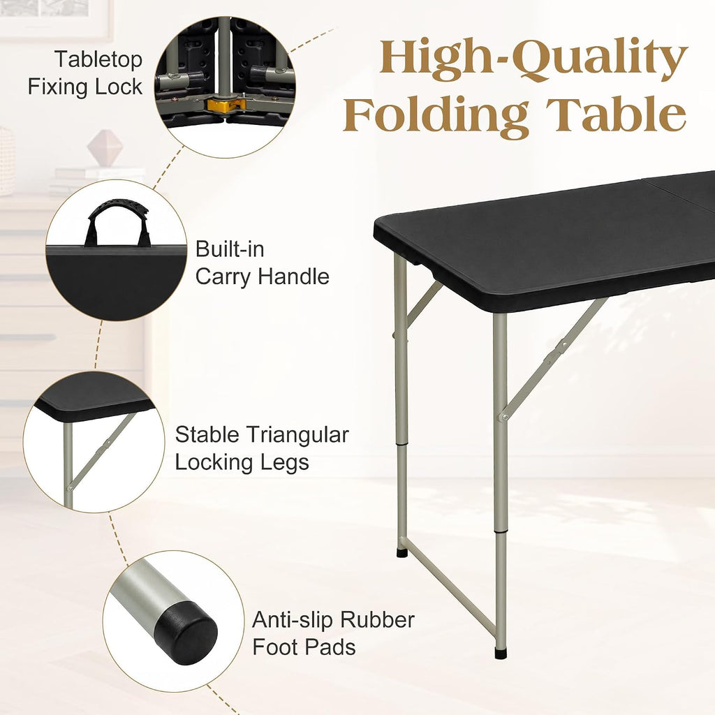 VECELO Folding Table 4 Ft, 3 Adjustable Height, Portable w/Handle, Black | Fold-in-Half, Heavy Duty, Space Saving, Plastic Utility Table, for Camping, Party, Dining, Indoor & Outdoor Use