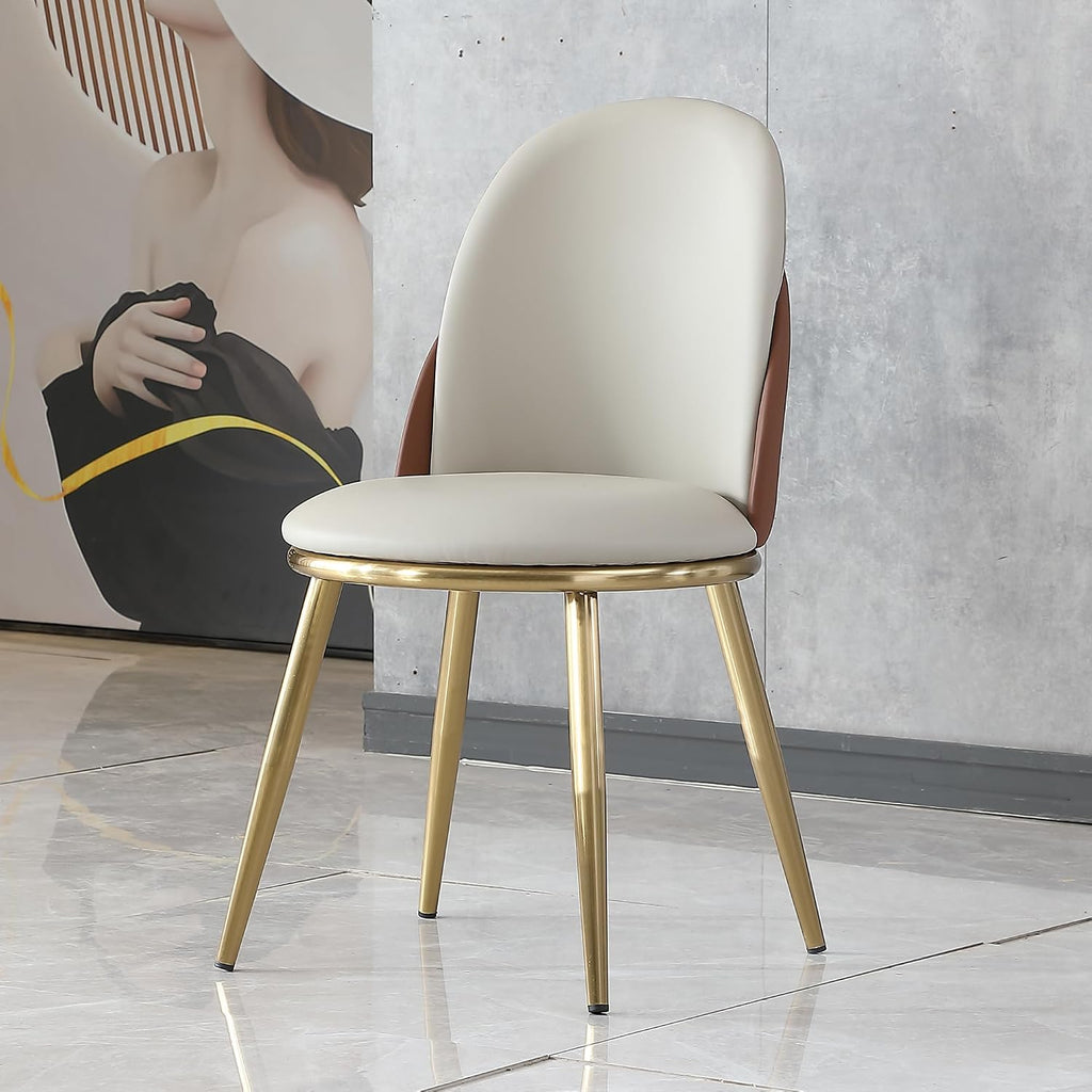Dining Chairs Set of 2, Modern Faux Leather Chair with Sturdy Gold Metal Legs and Ergonomic Backrest, 2-PCS Dining Room Chairs for Living Kitchen Dining (Beige+Light Brown)