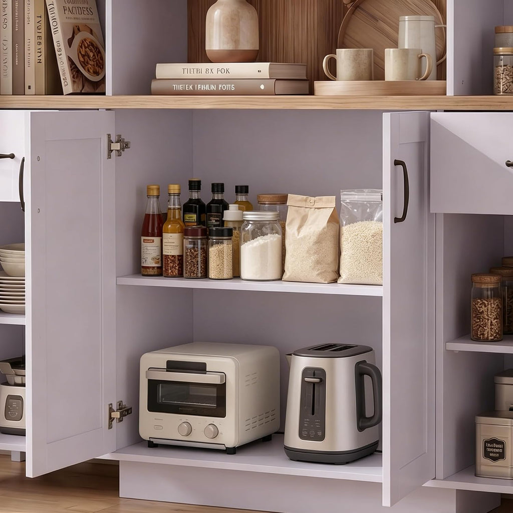 Large Wide Kitchen Pantry Storage Cabinet with Hutch, 79" Tall Farmhouse Pantry Storage Cupboard with Doors and 2 Drawers, Modern Coffee Bar Buffet Sideboard for Dining Room, Light Purple