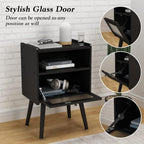 Mid Century Modern Nightstand, Bedside Table with Glass Door, Black | Side Table End Table with Solid Wood Legs for Bedroom, Living Room and Small Spaces