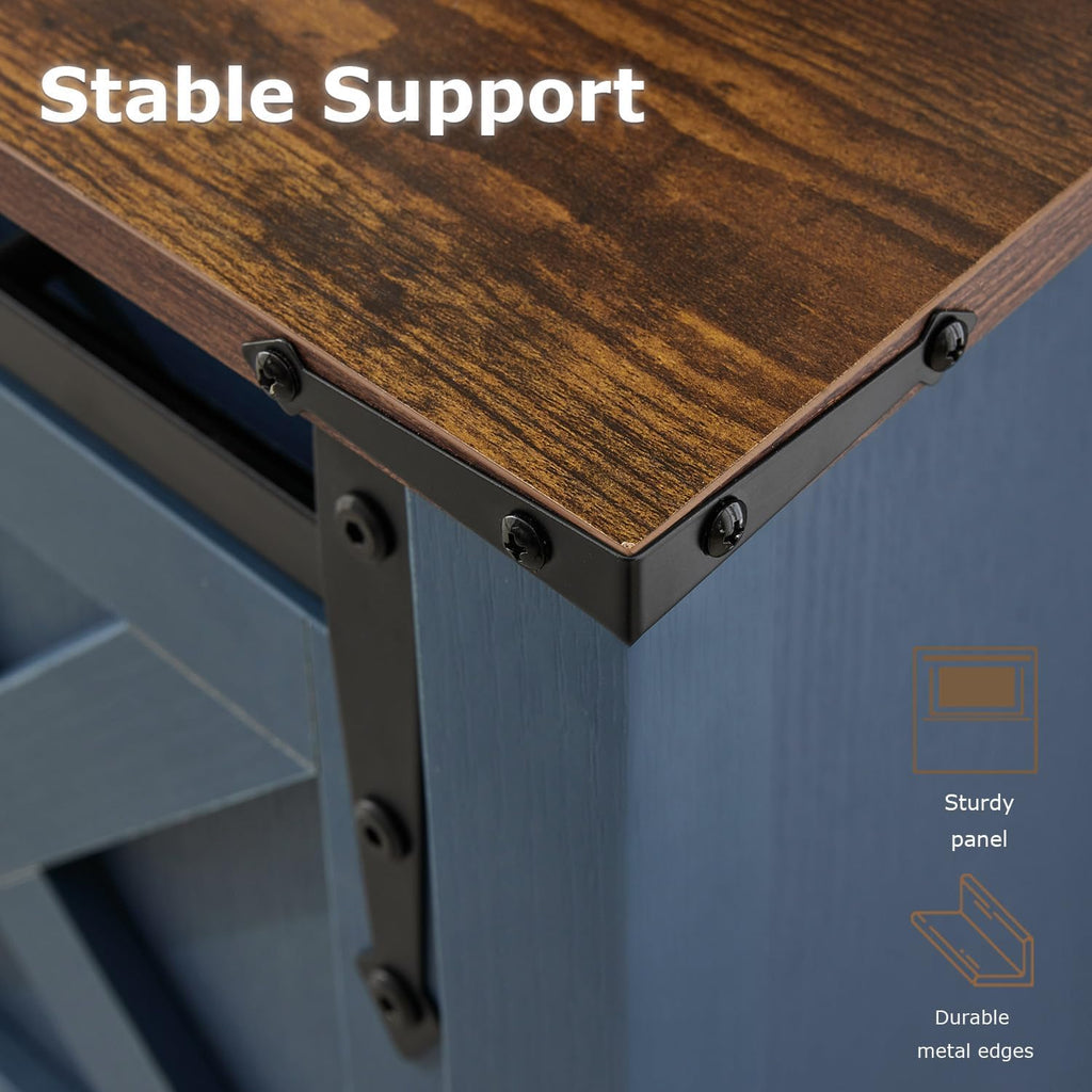 Entryway Table with Storage, Farmhouse Buffet Cabinet Coffee Bar Kitchen Island with Sliding Barn Doors & Shelves, Console Table for Kitchen, Dining Room, Living Room, Blue