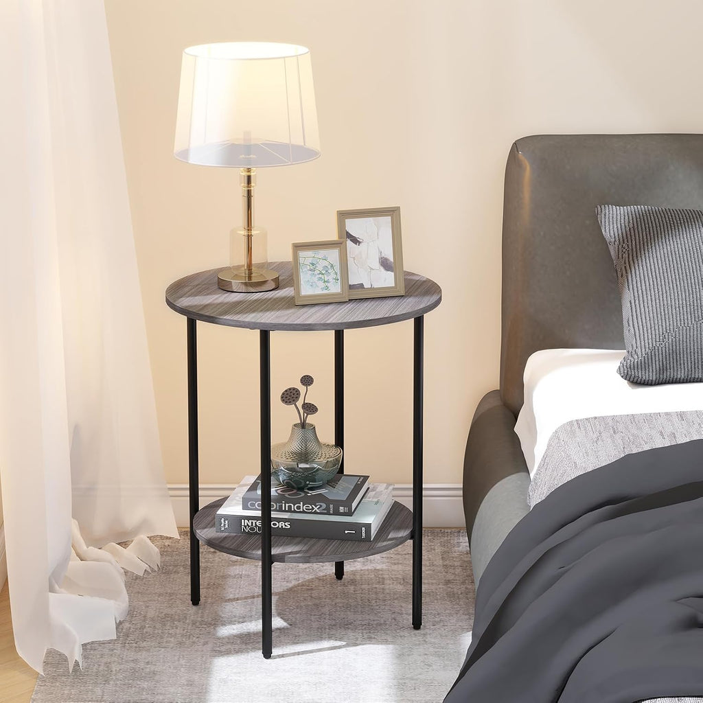 Side Table,Round End Table with 2 Storage Shelves| Compact Side Tables for Living Room, Couch, Office & Bedroom | Narrow Accent Table as Space-Saving Small Bedside Table 18x18x22in (Grey)