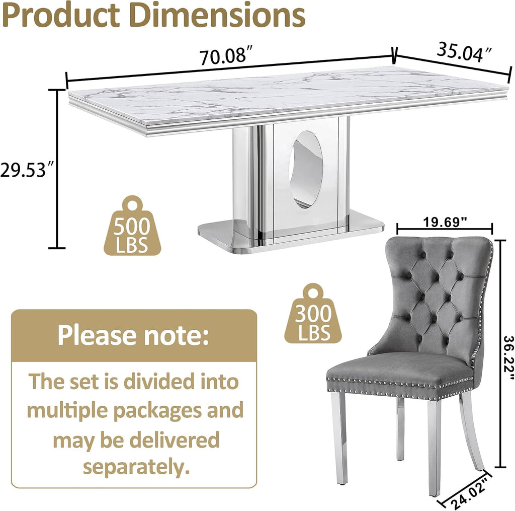 AF ARTISAN FURNITURE 7 Piece White Marble Dining Table, 70'' Rectangle Faux Marble Kitchen Table Set for 6 with Silver Mirrored Finish Stainless Steel Chairs, Luxury Dining Room Table Set for 6
