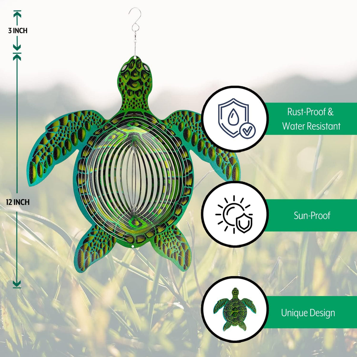 ISEO Turtle Wind Spinner for Yard and Garden, Hanging Outdoor Decor, Yard Art, Porch and Patio Decorations, Metal Wind Spinners Outdoor, Weather Resistant, 12”