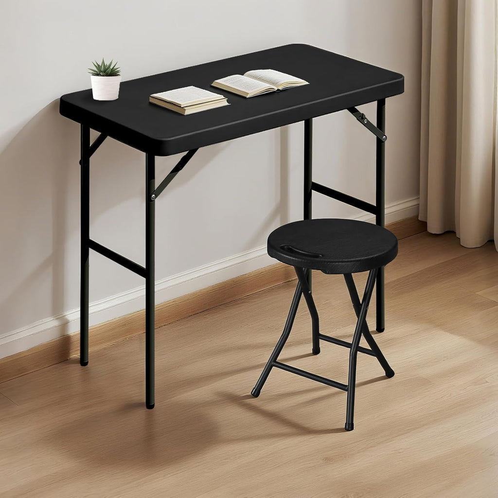 Folding Table 2.7ft Rectangular All-Occasion Plastic Folding Event Table for Indoor and Outdoor, Portable Desk, Camping, Durable and Stable, HDPE and Steel, Wide Application, Black