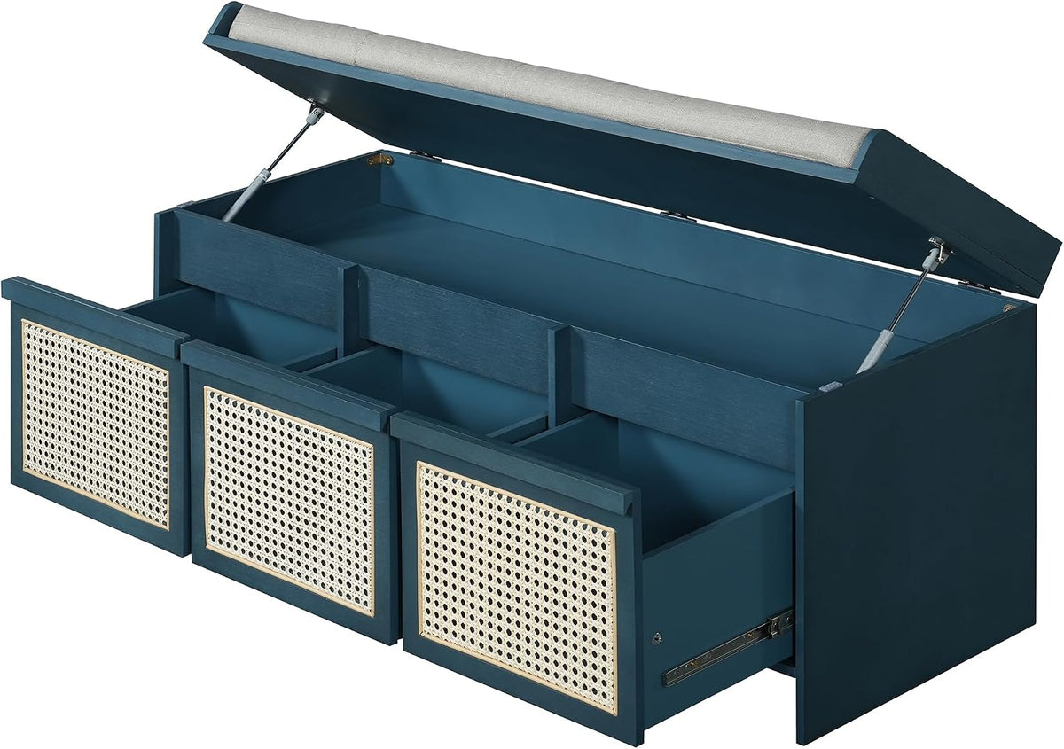 SOFTSEA 48" Shoe Storage Bench with Cushion, 2-Tier Entryway Bench with 3 Rattan Storage Drawers & Lift Top Storage, Retro Shoe Cabinet for Hallway, Bedroom, Living Room, Navy