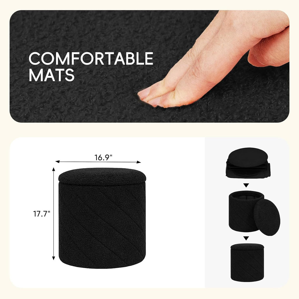 PINPLUS Ottoman with Stroage Round Boucle Ottoman and Tray Sherpa Removable Foot Stool Coffee Table for Dorm, Living Room Black, 13"x13"x13.7"