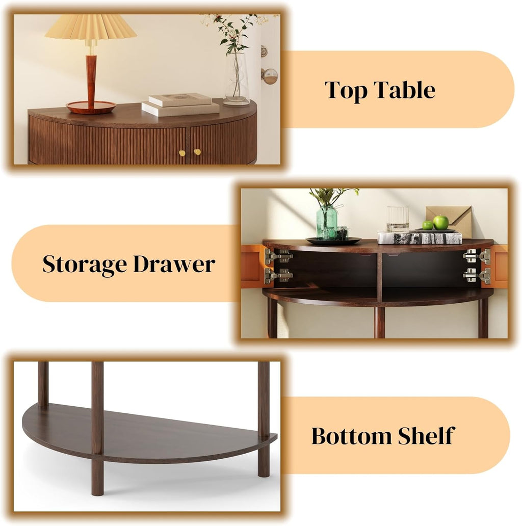 Entryway Table, Artisan-Crafted Half Moon Fluted Console Tables with 2 Rattan Storage,Small Half Circle Tables for Hallway, Narrow Round Accent Decort Table for Living Room (Brown)