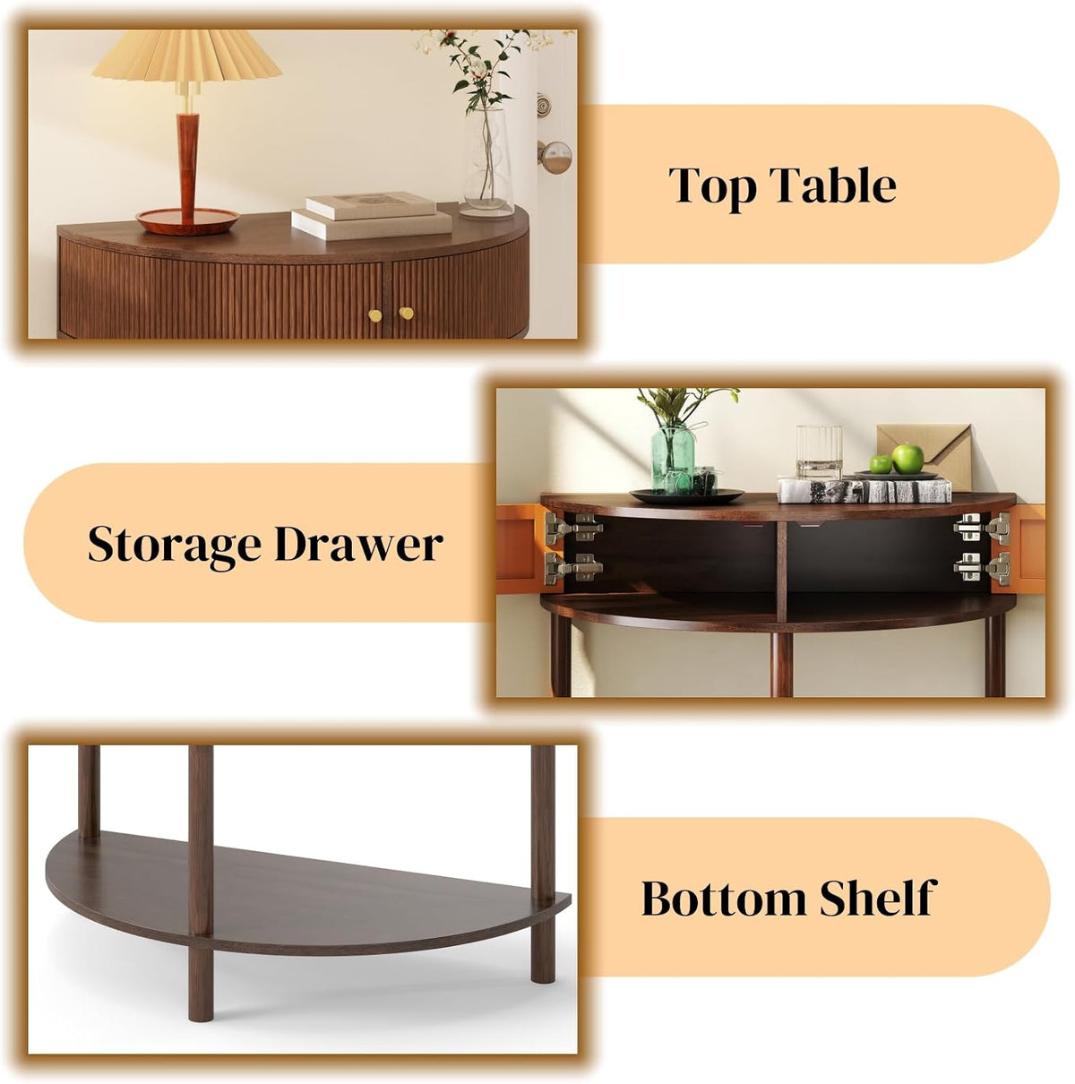 Entryway Table, Artisan-Crafted Half Moon Fluted Console Tables with 2 Rattan Storage,Small Half Circle Tables for Hallway, Narrow Round Accent Decort Table for Living Room (Brown)