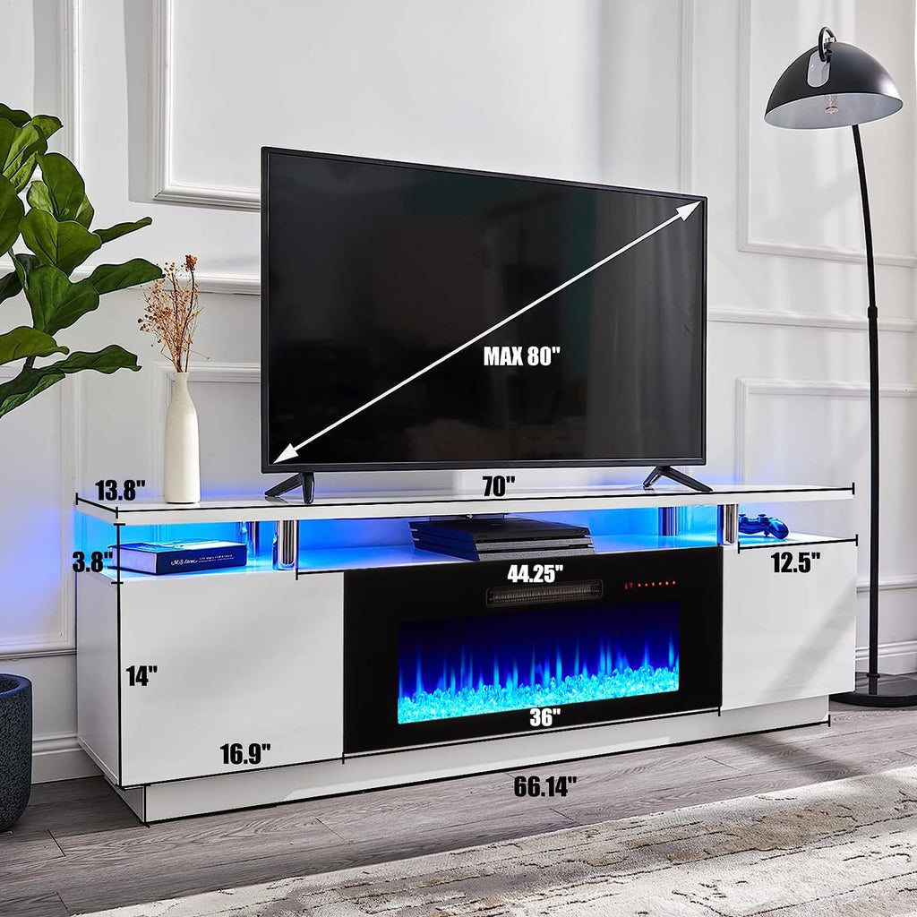 AMERLIFE 70" High-Gloss Fireplace TV Stand with 36" Electric Fireplace | White/Black LED TV Console, Modern Living Room Entertainment Center, Fits TVs up to 80", 2 Cabinets, 2-Tier Storage Space
