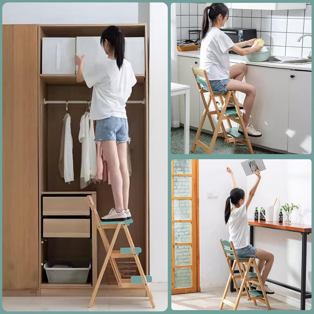 Folding Bar Stool, 3 Step Portable Adults Solid Wood Ladder Stool, Green | 3 Step Folding Stool Multifunction Portable for Household Kitchen, Counter Chair, Bathroom Storage Shelf